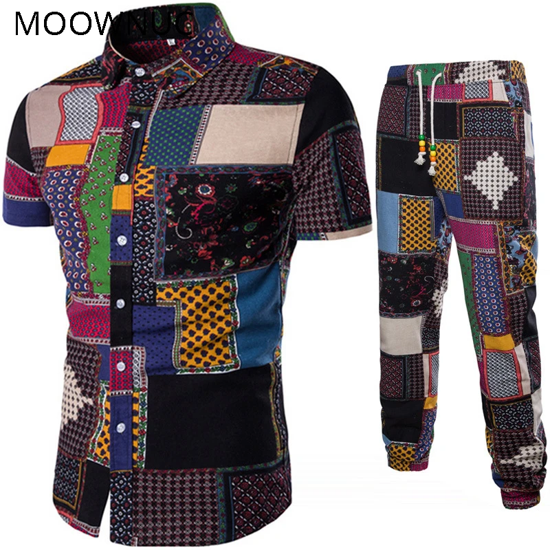 

Men's Sets Shirts + Trousers Two-piece Suite Short sleeve Ethnic Costumes Summer Fashion mens clothing Casual Male Printing 5XL