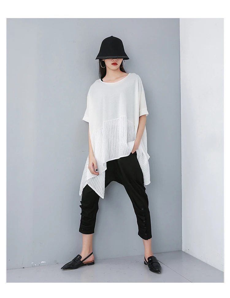 Новинка, корейский стиль, женский длинный черный летний топ в стиле пэчворк, свободная футболка с длинными рукавами, дизайнерские женские повседневные Уникальные футболки J530
