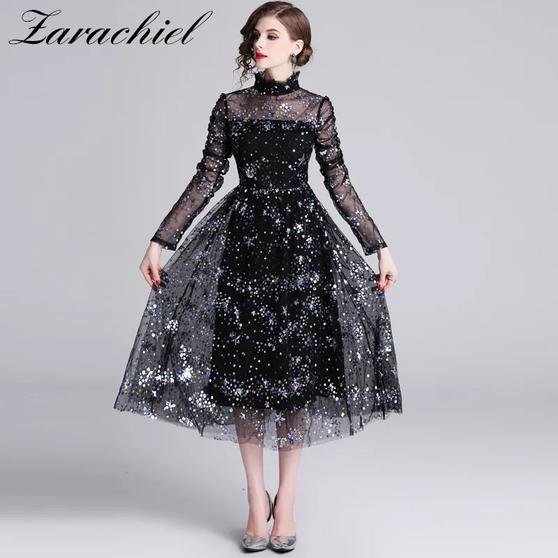 

Vintage Spring Summer Contrast Mesh Sequined Dress Long Sleeve Stand Collar Slim Modern Lady Elegant Party Women Long Dresses
