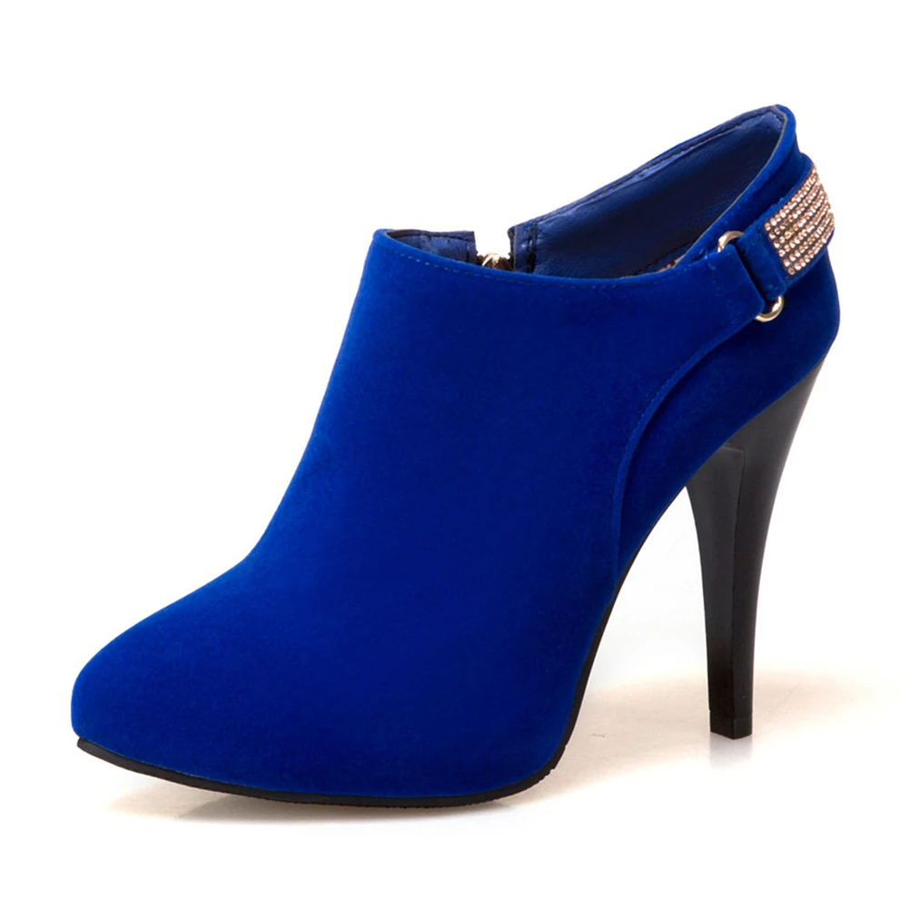 BONJOMARISA/ г. Весенние новые элегантные офисные женские туфли-лодочки из флока размера плюс 31-50 женская обувь на высоком тонком каблуке, украшенная украшением женская обувь черного цвета - Цвет: Синий