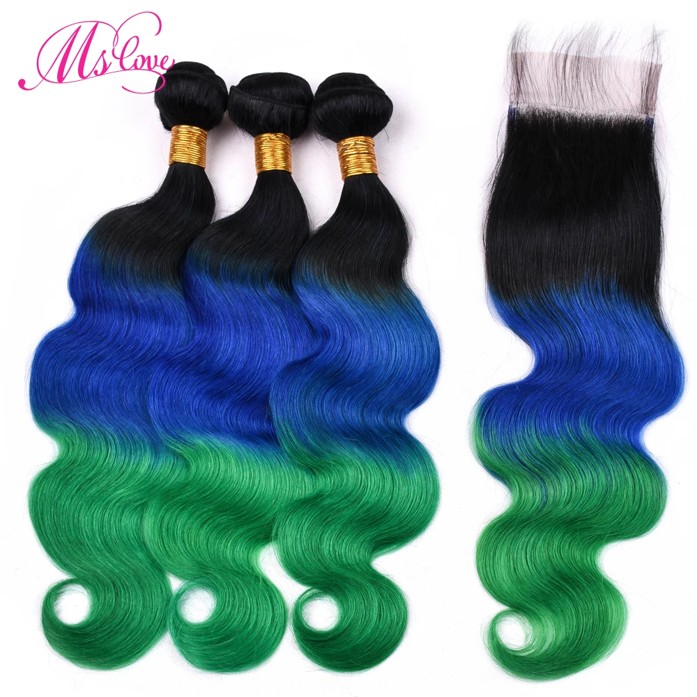 Ms Love Hair Body Wave Bundles With Closure TB Blue Green Ombre Color