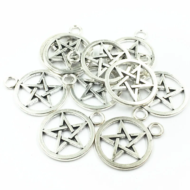 20Pcs Pendants For Bracelets Silver Tone Round Star Metal Fashion
