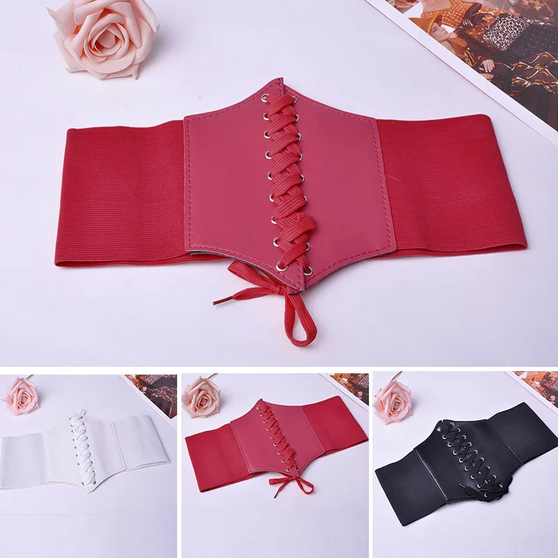

2019 New Women's Slim Elastic Buckle Wide waistband Waist Belts Adjustable Corset Leather Lace up Wide Belt Retro Style SS0306*5