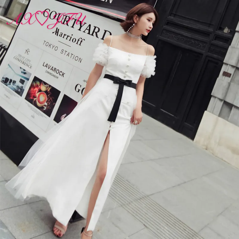 

AXJFU Luxury princess black bow white lace evening dress vintage illusion beach boat neck turkey evening dress 100% real photo