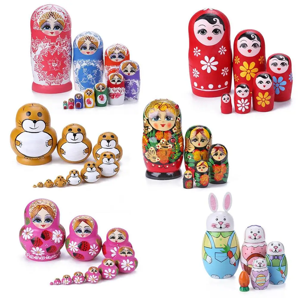 

5pcs Handmade Painted Set Toy Creative Nesting Dolls Wishing Russian Doll Wood Russian Nesting Matryoshka Dolls Set Color Painte