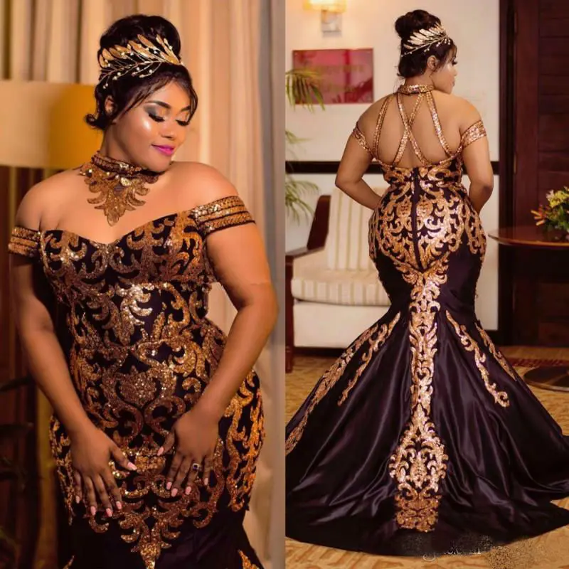 Sparkly Gold Lovertjes Mermaid Prom Dresses 2019 Plus Size Halter Uit De Schouder Afrikaanse Formele Jurk Satijn Sweep Trein Sparkly Gold Lovertjes Mermaid Prom Dresses 2019 Plus Size Halter Uit De Schouder Afrikaanse Formele Jurk Satijn Sweep Trein