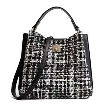 

Women Wool Handbags Black Bucket Shoulder Bags Ladies Cross Body Bags Ladies Shopping Bag Knitting Designer Casual Tote