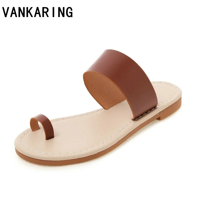 

VANKARING soft pu leather sandals women fashion flat heel open toe summer casual dress flip flops large size lady mules shoes