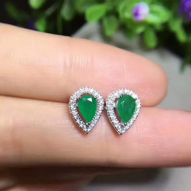 Fashion Natural Emerald Stud Earrings Gem Stone Fashion Natural Emerald Stud Earrings Gem Stone Small Water Droplets S925 Silver