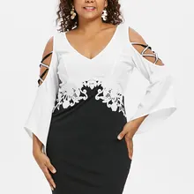 Wipalo Платье-футляр большого размера с расклешенными рукавами и кружевом, черно-белое платье, миди, мини, офисное платье, облегающее платье большого размера 5XL до колена, элегантное коктельное вечернее платье
