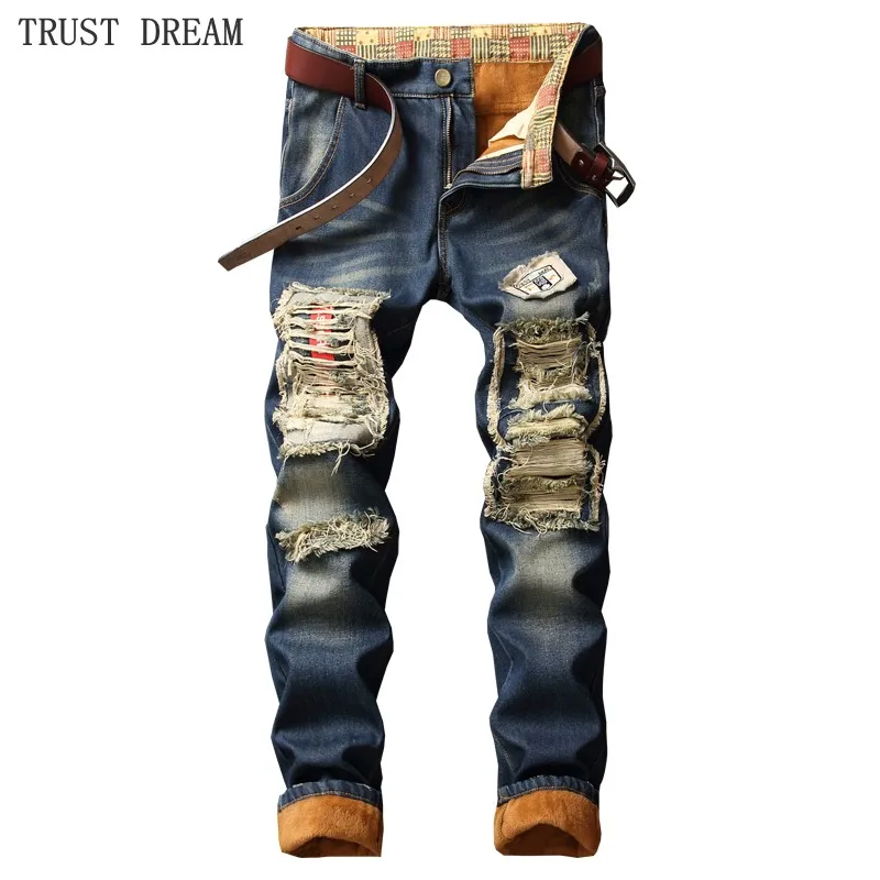 Autumn Winter Men Fashion Ripped Hole Slim Jeans Euro Style Fleece Warm Denim Patchwork Pants Man Casual Personal Quality Jean