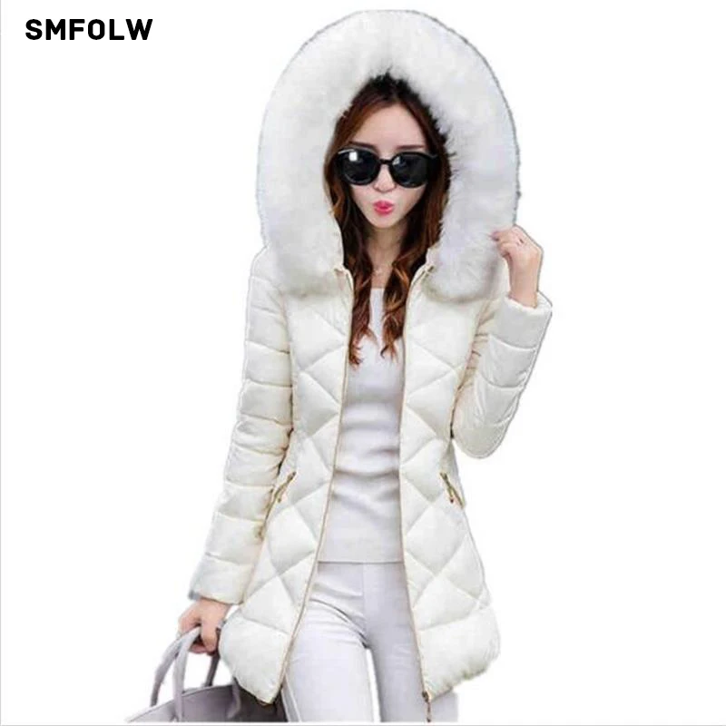 

SMFOLW 2017 Winter Womens Jacket Female Fur Collar Hooded Jacket Slim Casual Long Outwear Winter Padded Jackets Winter Coats