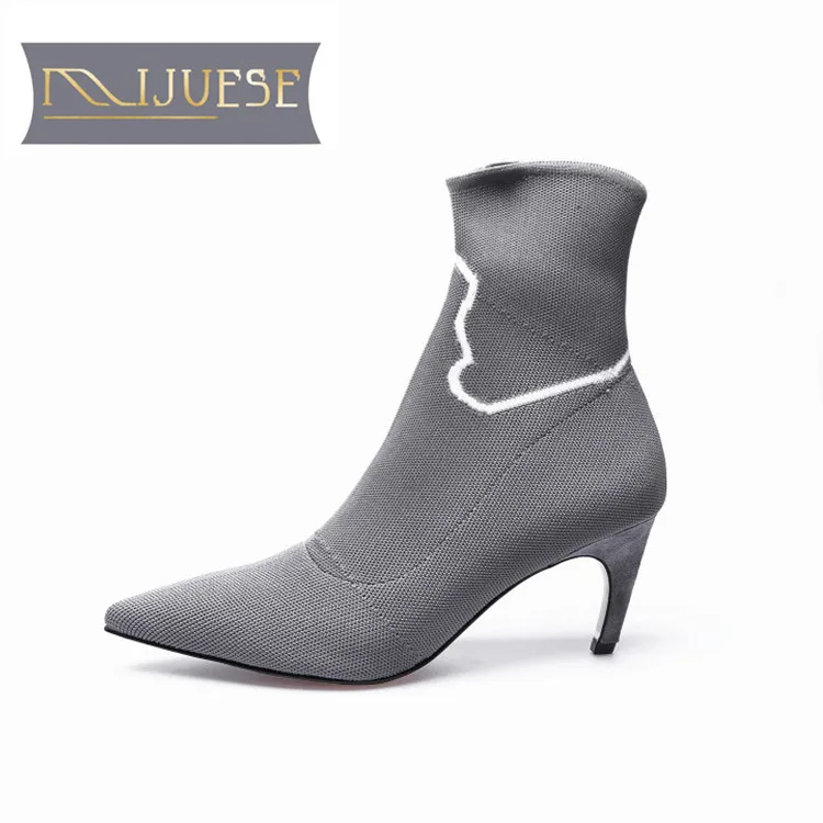 

MLJUESE 2019 women Mid-calf boots knitting mixed colors slip on autumn spring pointed toe high heels women boots party dress