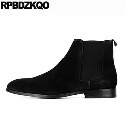 Черные мужские ботинки ручной работы с острым носком из искусственного меха; замшевые модельные зимние мужские ботинки без застежки;