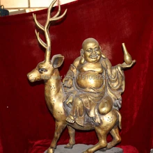 3" Клеймо Фиолетовый Бронзовый 24 К Золото Счастливый Смех Будды Майтреи На Олень Ваза Статуя