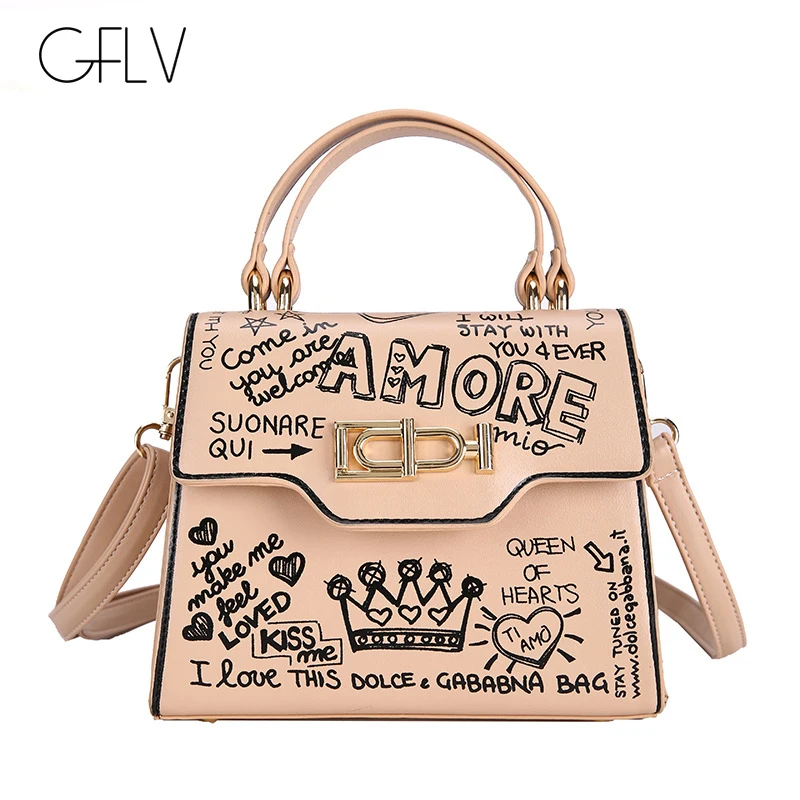 

GFLV Brand Trendy High Quality Leather Handbags Women Cute Crown Letter Printing Graffiti Flap Bags Lock Messenger Bags