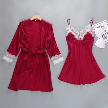

Casual Female Summer Night Robe Sleepwear Sets Sexy Woman Strap Top Suit Pajamas Home Wear Nightwear Sleep Kimono Bath Gown