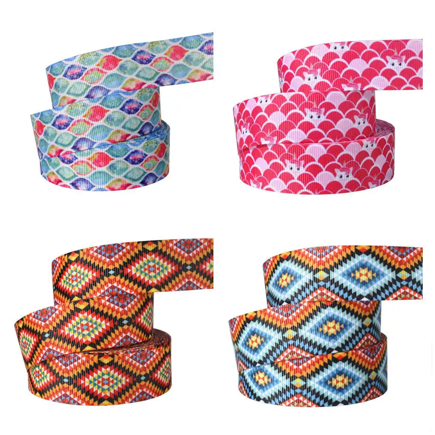 

10Y/lot 25mm Grosgrain Ribbon Aztec Fish Scale Printed DIY Handmade Materials Home Textile Printed Ribbon Sofa Bed Decorative