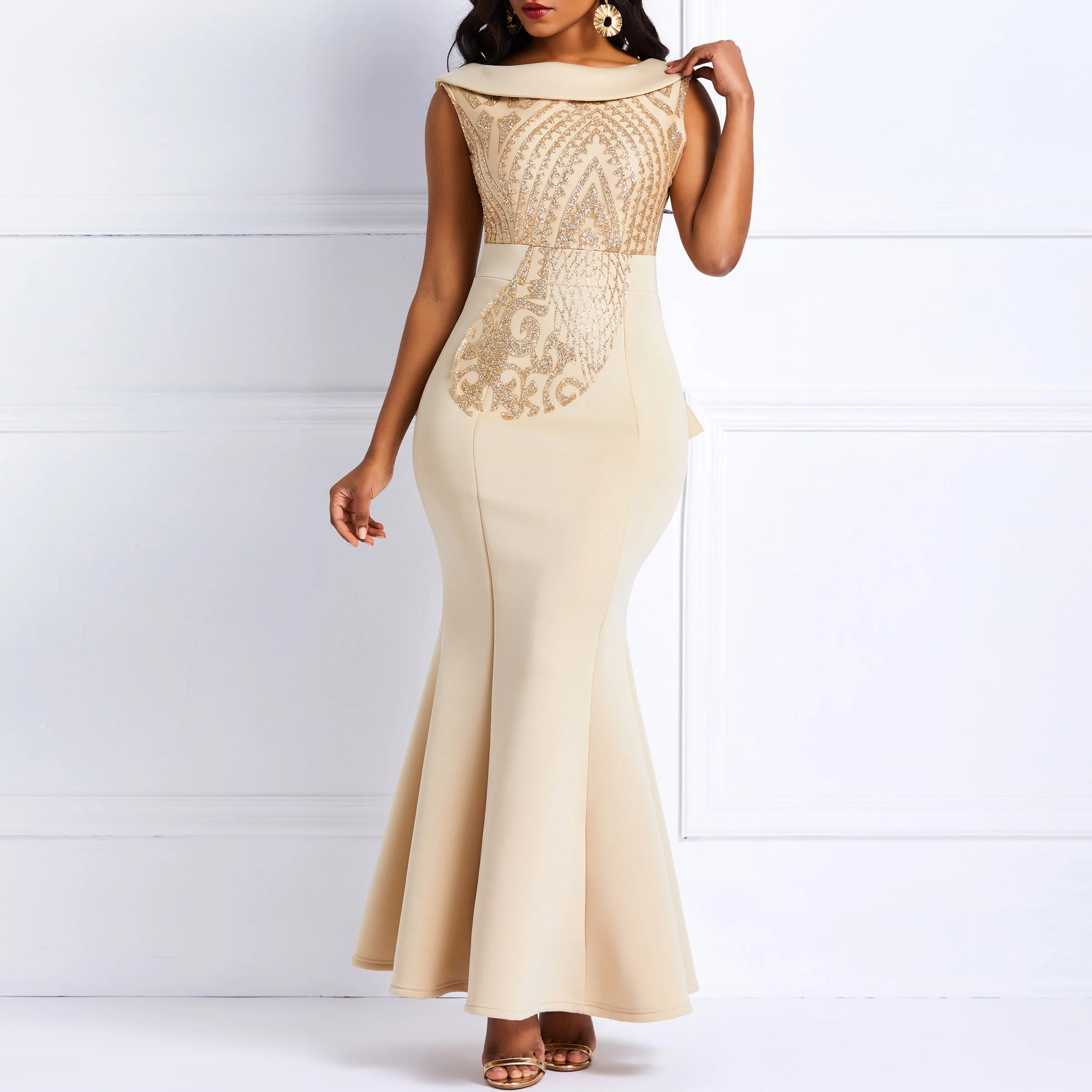 

Long Dress Elegant Shoulder Sheath Bodycon Pleated Ruffle Evening Party Celebrity Tight Sequin Party Dress
