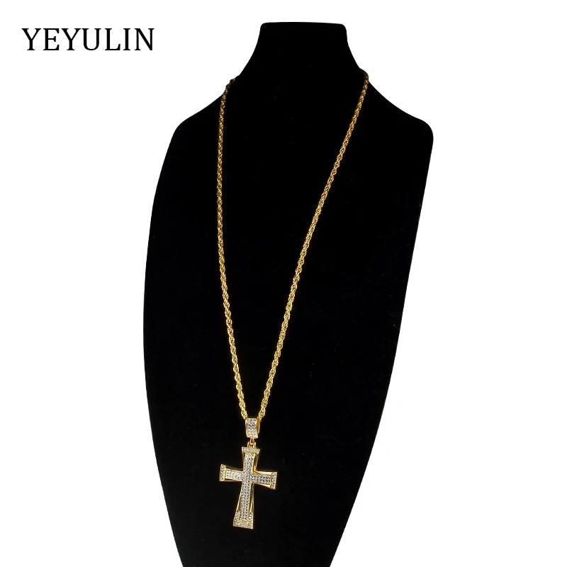 Ожерелье в стиле хип-хоп с подвеской в виде золотого Креста, стразы, металл, для женщин и мужчин, сверла, сплав, крест, длинный свитер, цепочка, ожерелье, ювелирное изделие