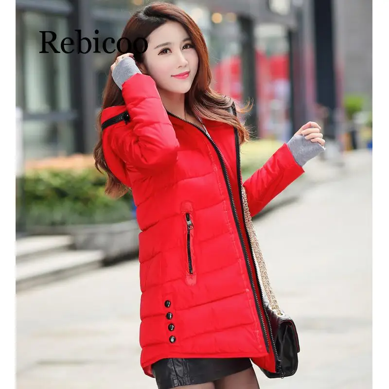 

Rebicoo 2019 women winter hooded warm coat plus size candy color cotton padded jacket female long parka womens wadded