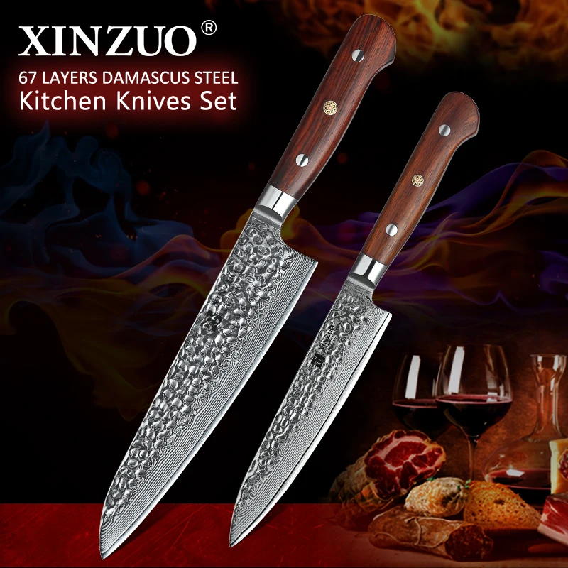  XINZUO 2 PC Kitchen Knife Set Damascus Steel Knives Tools Paring Utility Santoku Chef Slicing Bread - 32998970394