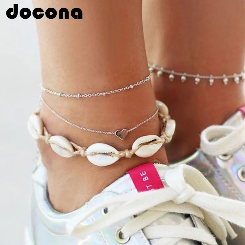 

docona Boho White Rope Shell Heart Pendant Anklets for Women BeachString Layered Anklet Bracelet Boho Foot Jewelry Pulseras 6974