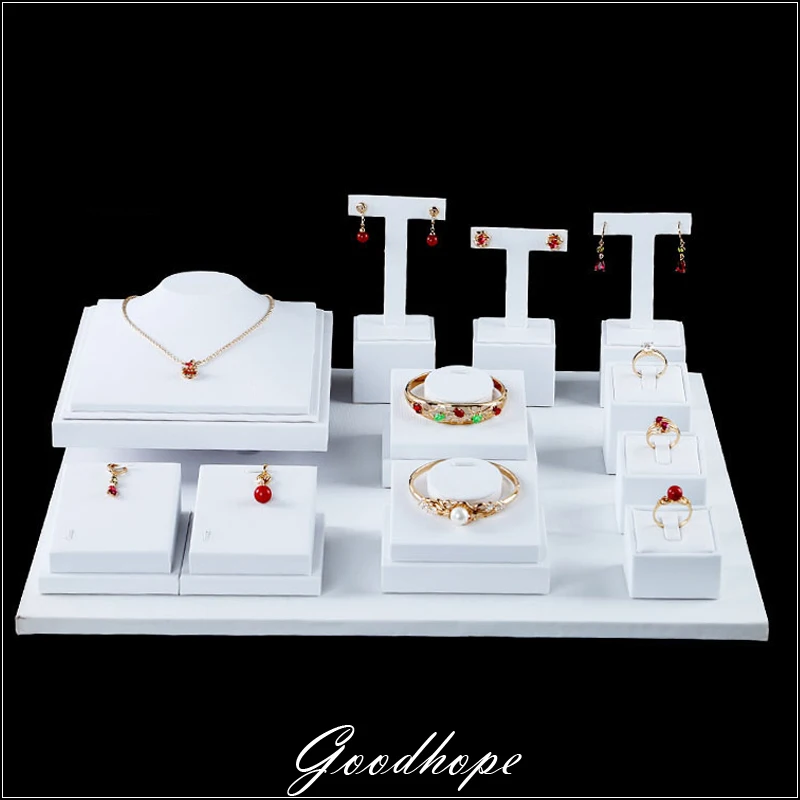 White Leatherette Jewelry Display Set Showcase Counter Top Ring
