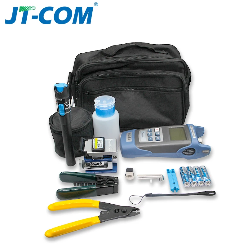 

Fiber Optic FTTH Tool Kit Optical Power Meter Visual Fault Locator with FC-6S Fiber Cleaver/Cable Wire Stripper/Test Pen 5km 1mW