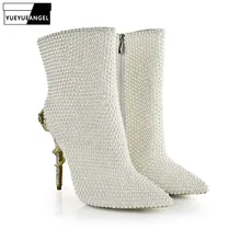 Осенняя модная женская обувь с острым носком на молнии сбоку; женская обувь из натуральной кожи для вечеринок; обувь для ночного клуба; хрустальные бусины с украшением; цвет белый