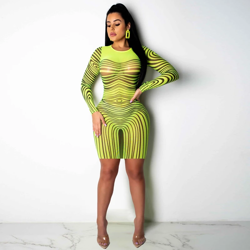 

Women Fashion Gauze Printed Long Sleeve Dress Elegant Temperament Tight Runway Ladies Dresses Bodycon Summer Beach Casual Dress