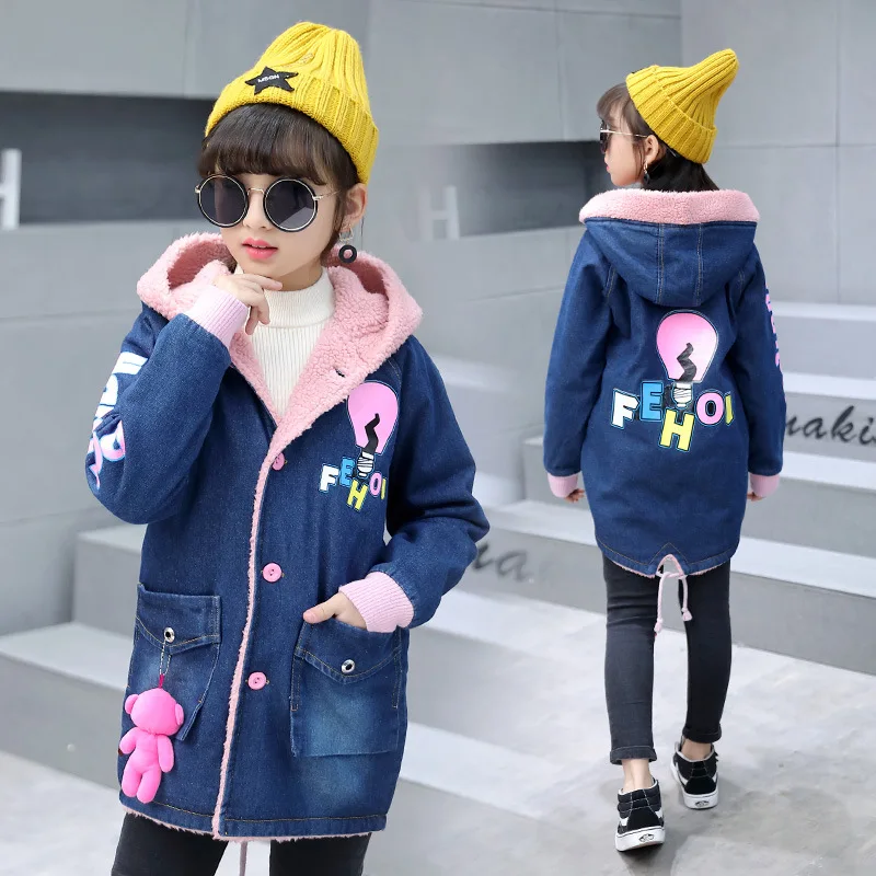 

Girls 6-16 Y Winter Autumn Jeans Long Sleeve Hooded Mid-long Fleece Warm Denim Coat Fashion Cowboys Doll Decor Windbreak Jacket