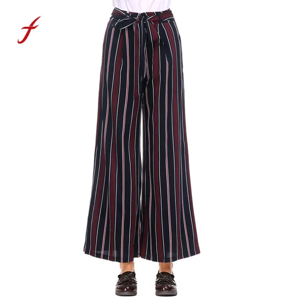 feitong Fashion Women High Waist Drawstring stripy Straight Ankle
