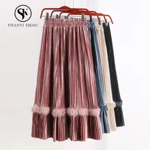 Весна осень новая высокая талия бархатная юбка Женская мода Повседневная A-Line Женская гофрирующая юбка эластичная талия длинные юбки женские