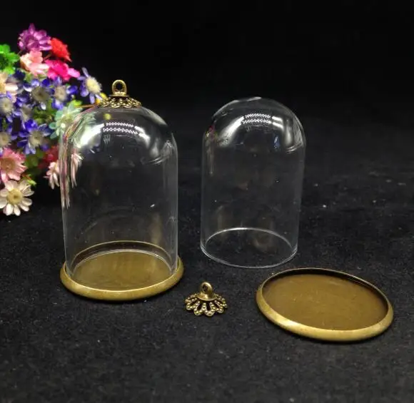 20pcs 38*25mm bell jars shape bronze plated glass bottles classic base cap set vial pendant handmade empty crystal finding