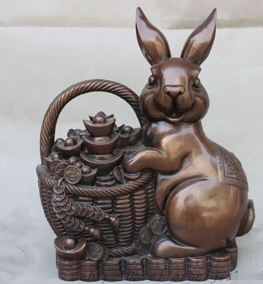 

11" Lucky Chinese Pure Bronze Animals Lovely Rabbit Carry Wealth Treasure Statue discount 30%