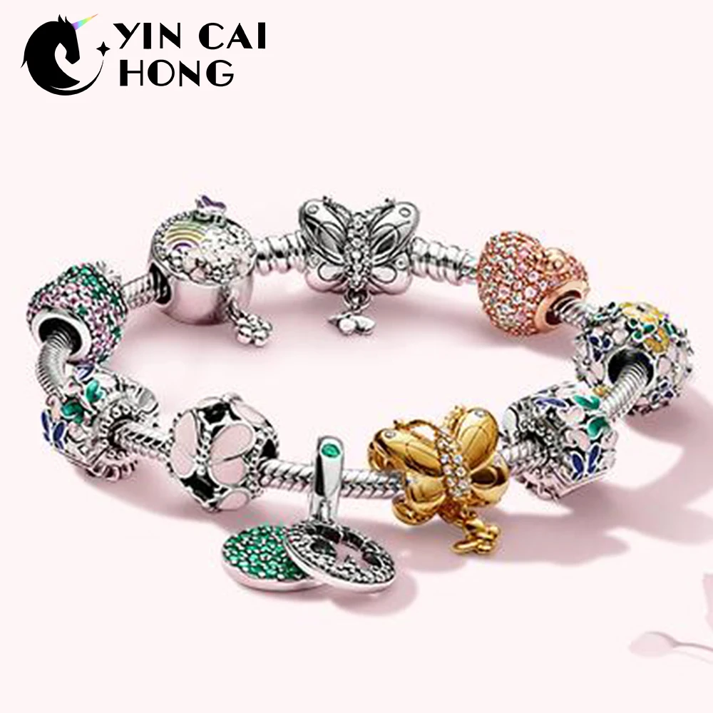 

YCH 100% 925 Sterling Silver Spring Natural Flowers Butterfly Love Four-leaf Clover Stringing Bracelet Set Bloom Unique Charm