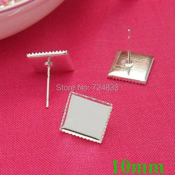 

Blank Earrings Post Base 10mm Square Bezel Tray Glass Cabochon Brass Stud Earrings Settings Findings Silver tone Bulk Wholesale