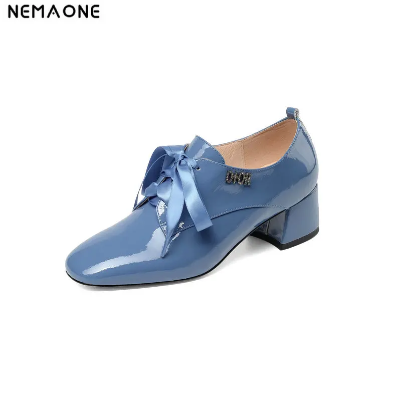 

NEMAONE autumn Med High Heel Shoes Women Pumps lace up Shoes square Heels women shoes Plus Size 33-42