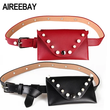 

AIREEBAY New Design White Pearl Women Belt Bag Small Rivets Waist Bag Female Fashion mini Fanny Pack Lady's Bag Cell Phone Pouch