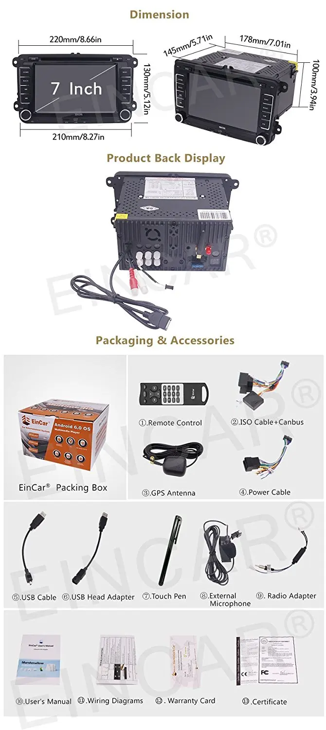 Excellent Wireless Reversing Camera + EinCar Android 6.0 Car DVD Player with Quad Core 7 inch Touch Screen Car Stereo GPS Navigation In Da 2