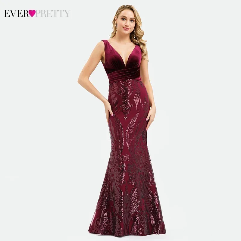 Ever Pretty сексуальное платье Русалка для выпускного вечера с v-образным вырезом, расшитое блестками велюровое элегантное бордовое вечернее платье Mezuniyet Elbiseleri