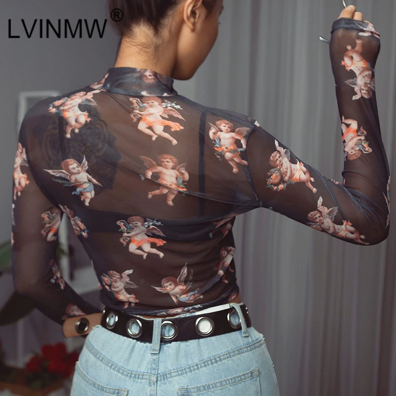 LVINMW, сексуальный черный сетчатый прозрачный ангел Купидон, короткий топ с принтом, весна, Женская водолазка с длинным рукавом, тонкие футболки