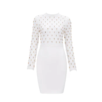 

Hexagon Full Sleeve Turtleneck Mini Bodycon Dress Metallic Elegant Women Robe Femme White Bandage Dresses Party Night Vestidos