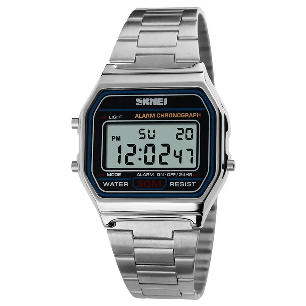 LinTimes, модные повседневные спортивные часы для мужчин, ремешок из нержавеющей стали, светодиодный дисплей, 3 бар, водонепроницаемые цифровые часы, reloj hombre - Цвет: Silver