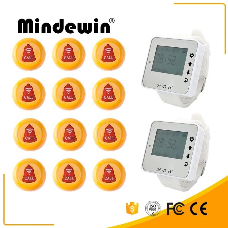 

Mindewin Wireless Restaurant Table Buzzer Waiter Calling System12PCS M-K-1 and Intelligence Watch Pager Paging System 2PCS M-K-1