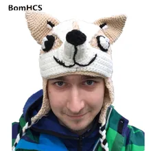 BomHCS Fashion Cute Shiba Beanie Winter Warm 100% Handmade Crochet Knitting Dog Hat striped rib knitting warm beanie hat