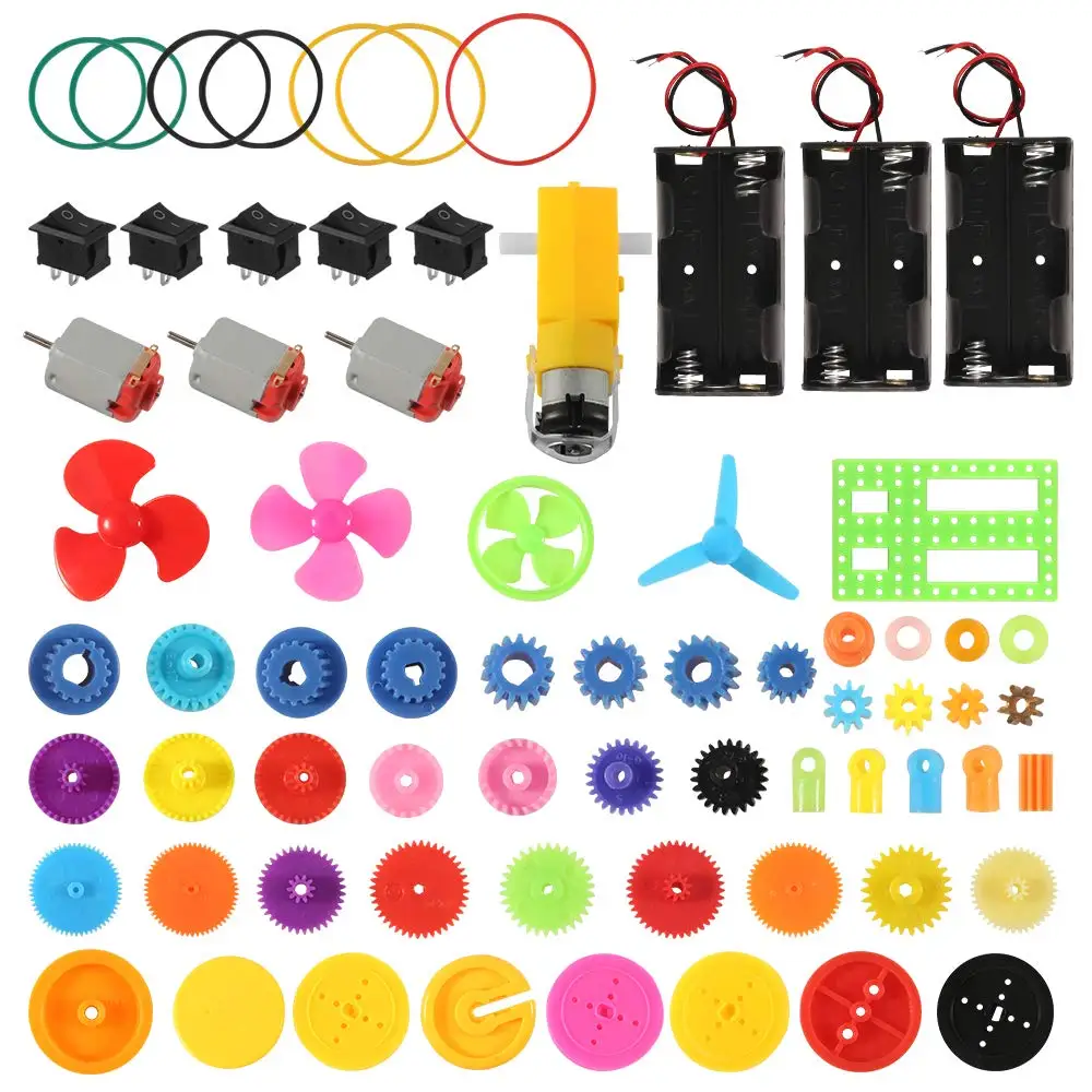 

3pcs Mini Electric DC Motor + 1pcs DC Geared TT Motor + 57pcs Plastic Gears + 3pcs AA Battery Holder + 5pcs Boat Rocker Switch