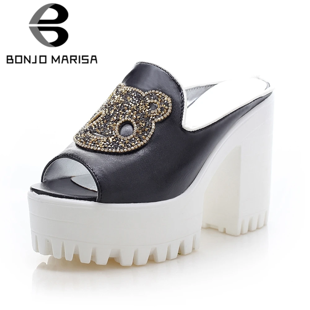 

BONJOMARISA Wholesale Metal Decoration Platform Women Shoes Summer Mules Pumps Trendy Square High Heels Slip On Shoes Woman
