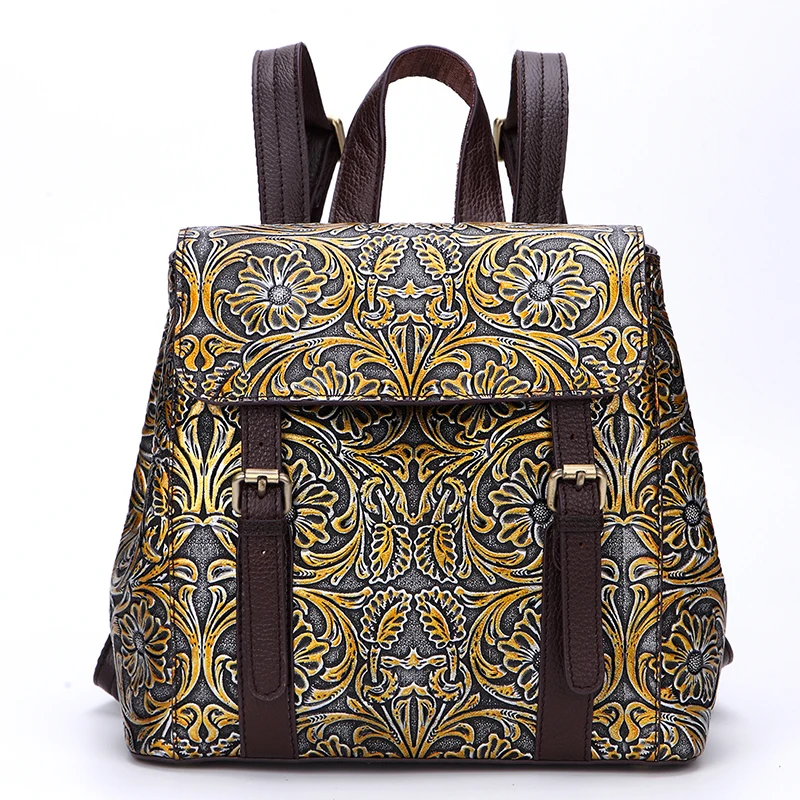 

High Quality Genuine Leather Luxury Daypack Women Rucksack Travel Ladies Embossed Knapsack Vintage Girls School Book Backpack